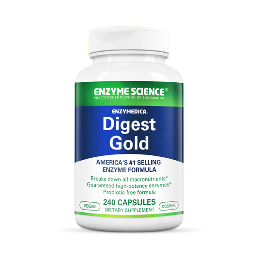 A bottle of Enzymedica Digest Gold, a dietary supplement by Enzyme Science, with 240 capsules inside. The label indicates it is a vegan product.