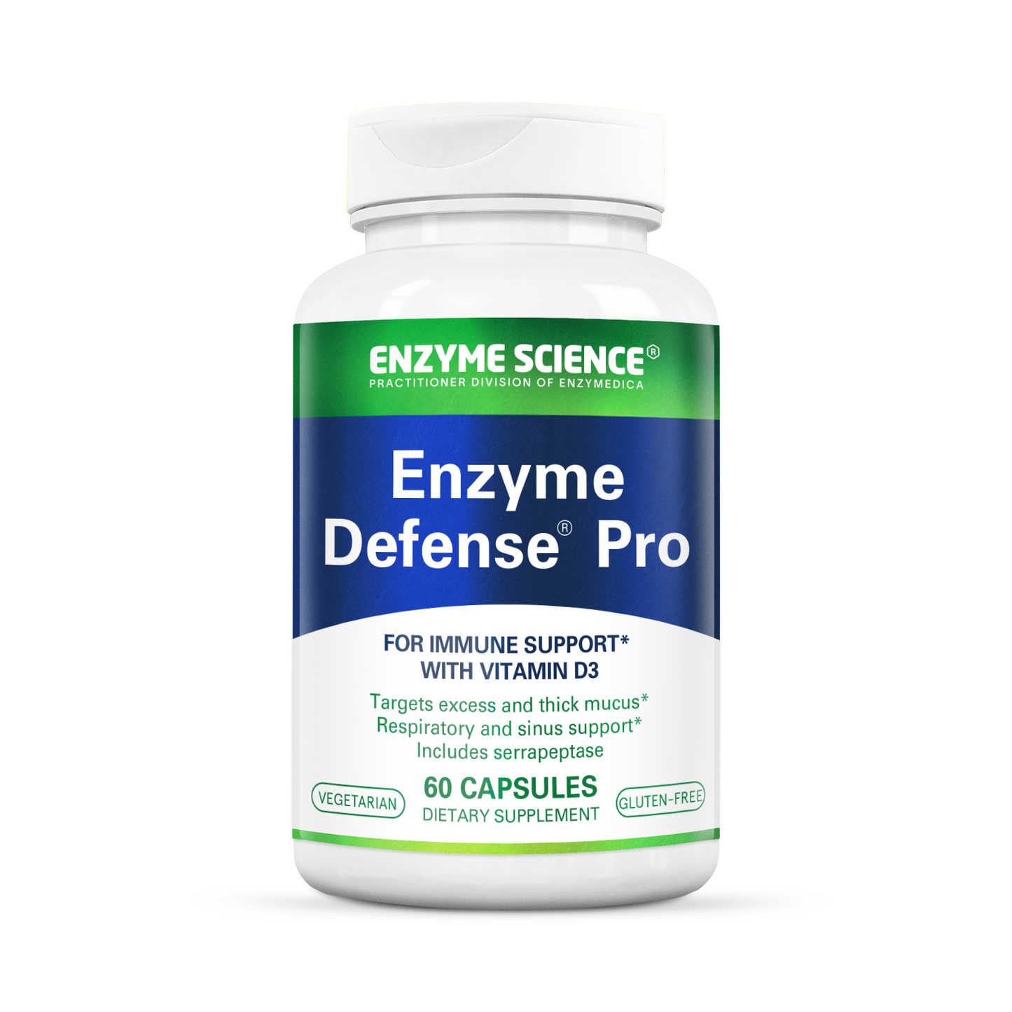 A bottle of Enzyme Defense Pro supplements with 60 capsules, manufactured by Enzyme Science, for immune support.