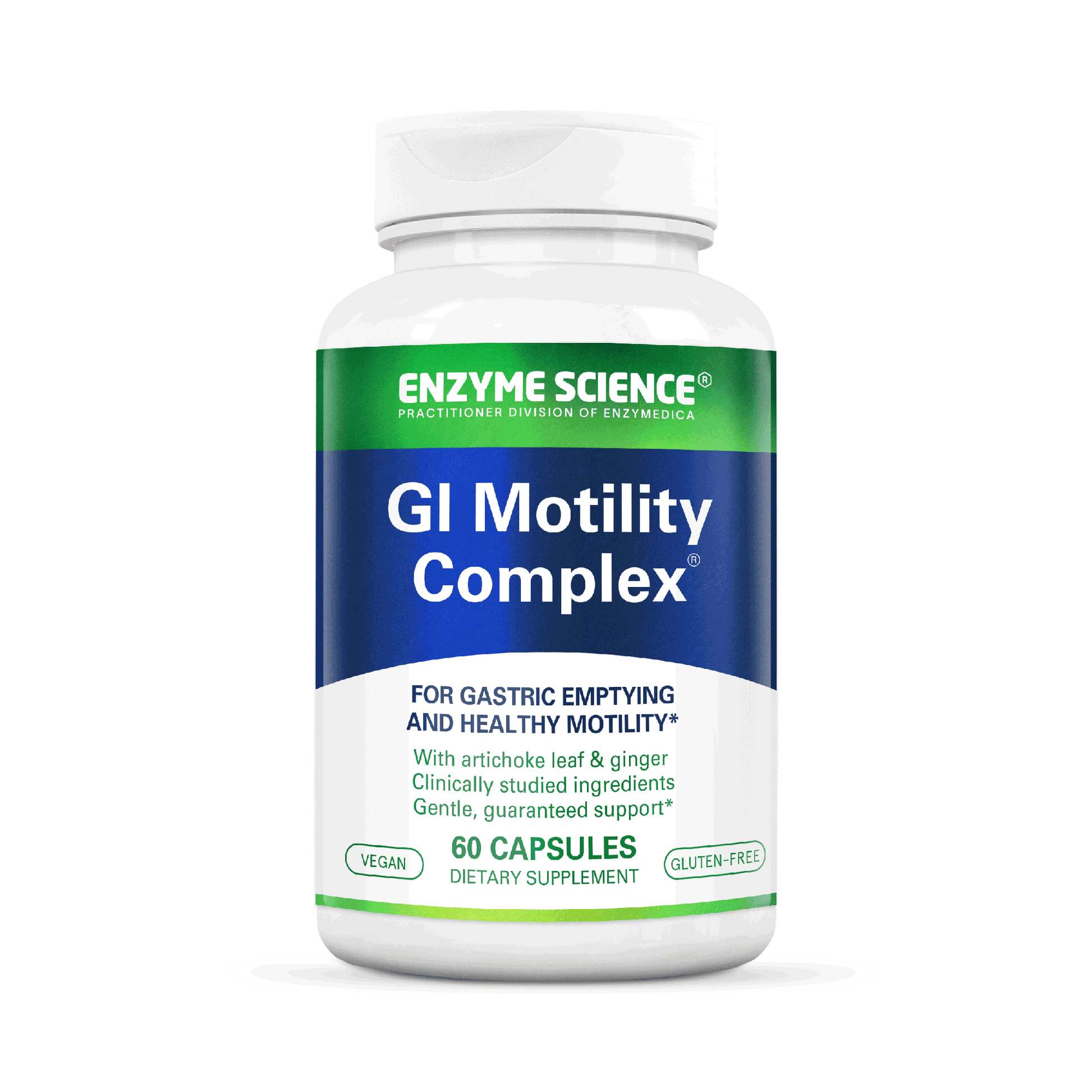 A bottle of Enzyme Science GI Motility Complex dietary supplement with 60 capsules, for gastric emptying and healthy motility, with artichoke leaf and ginger as ingredients.
