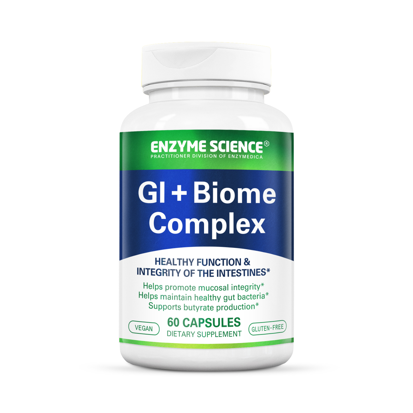 A bottle of GI + Biome Complex dietary supplement by Enzyme Science with 60 capsules, focusing on gut health.