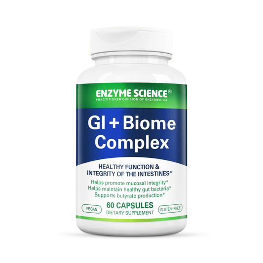 A bottle of GI + Biome Complex dietary supplement by Enzyme Science with 60 capsules, focusing on gut health.