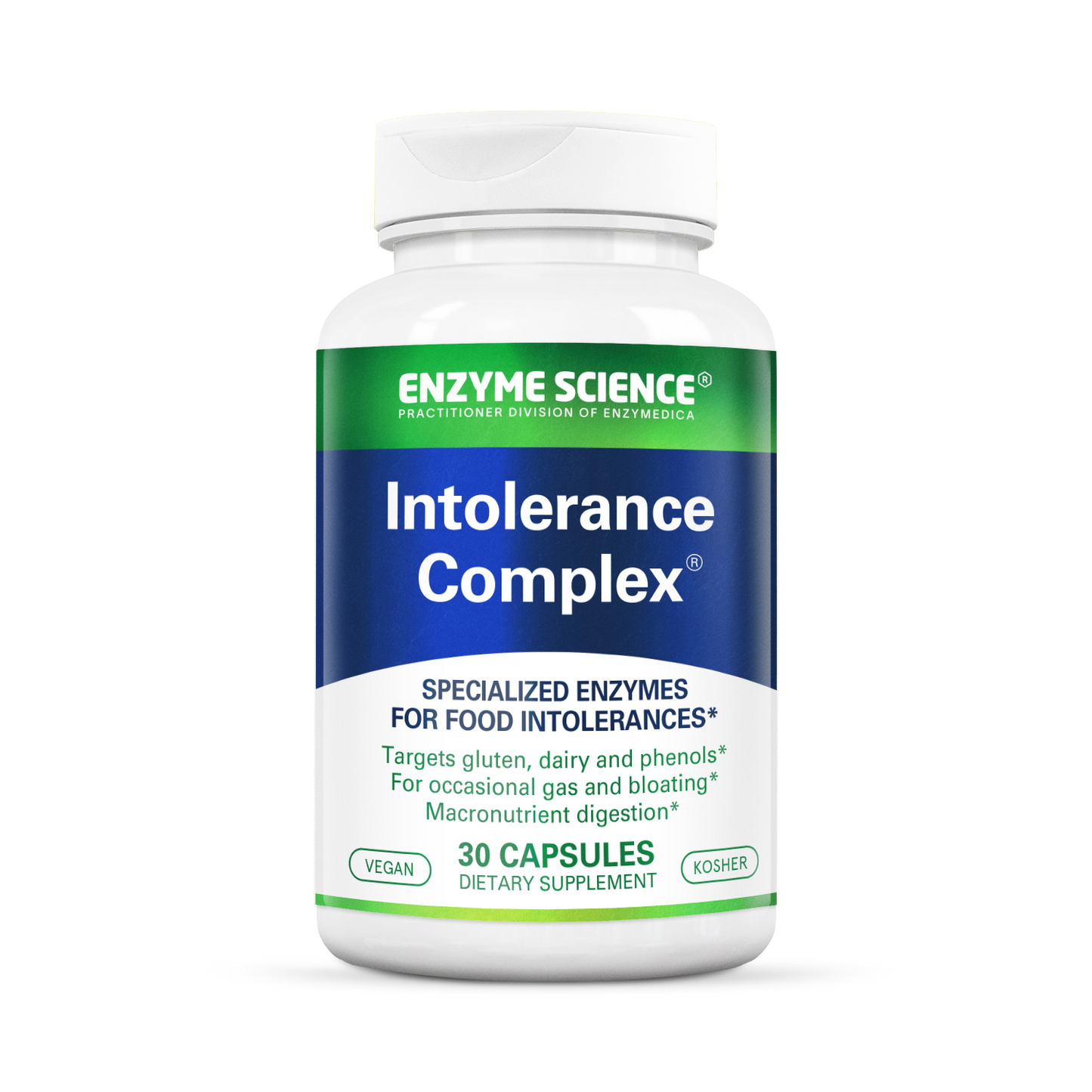 A bottle of Enzyme Science Intolerance Complex dietary supplement with 30 capsules, labeled for food sensitivities.