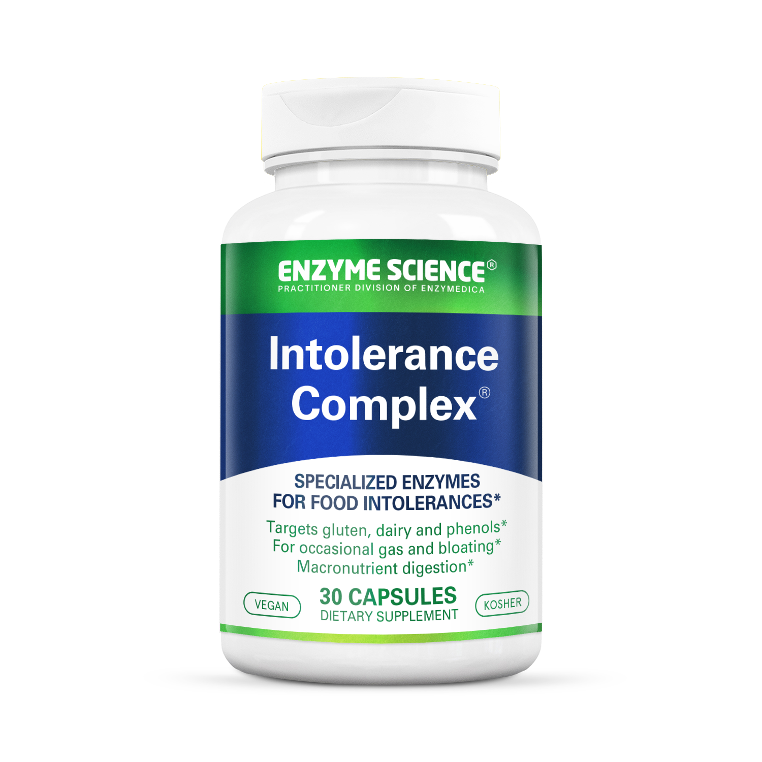 A bottle of Enzyme Science Intolerance Complex dietary supplement with 30 capsules, labeled for food sensitivities.