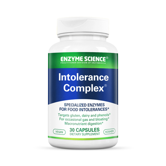 A bottle of Enzyme Science Intolerance Complex dietary supplement with 30 capsules, labeled for food sensitivities.