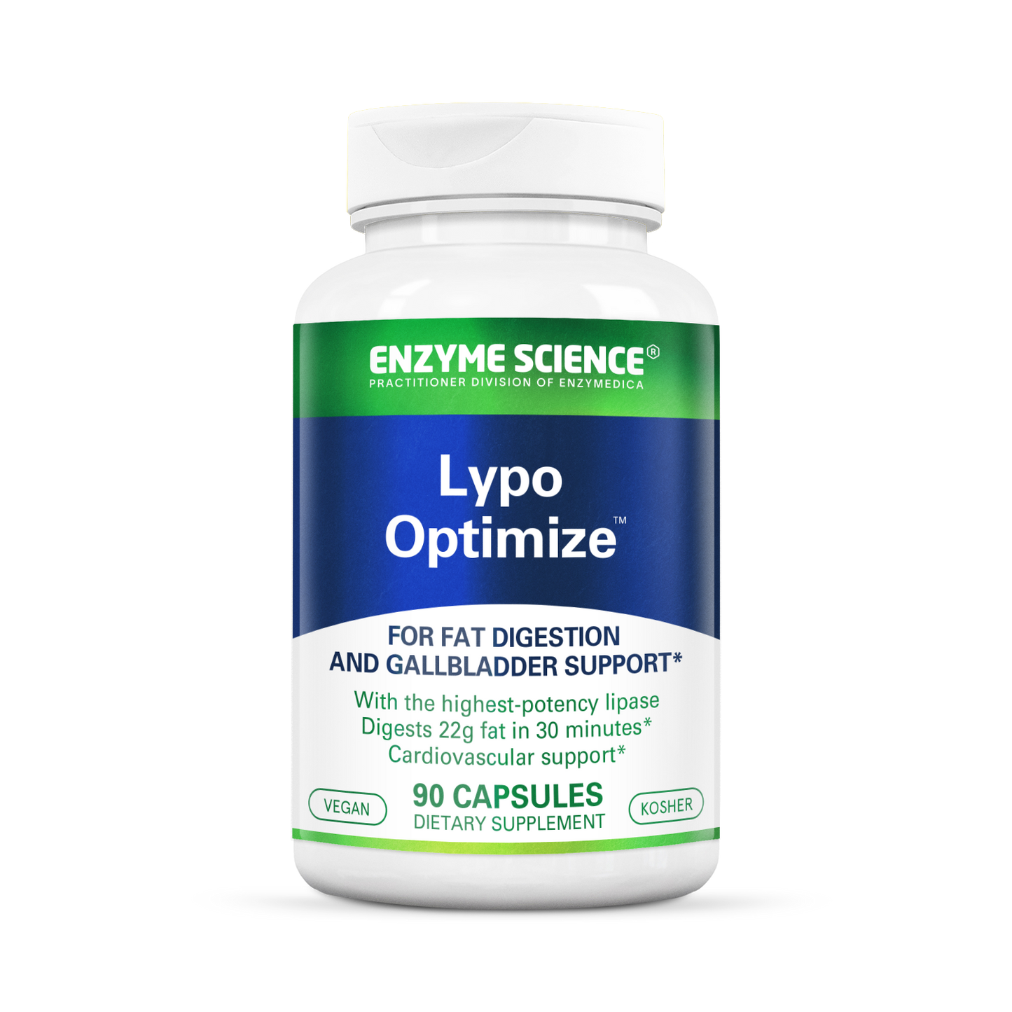 A bottle of Lypo Optimize dietary supplement with 90 capsules, designed for fat digestion and gallbladder support.