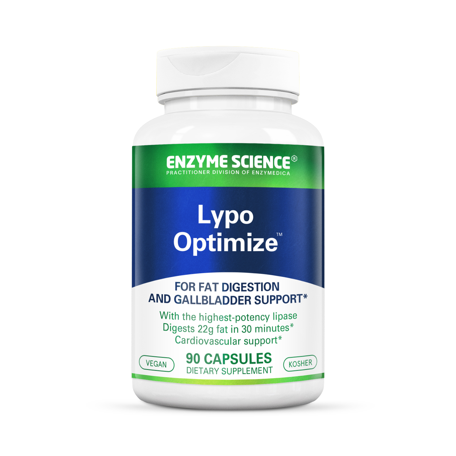 A bottle of Lypo Optimize dietary supplement with 90 capsules, designed for fat digestion and gallbladder support.