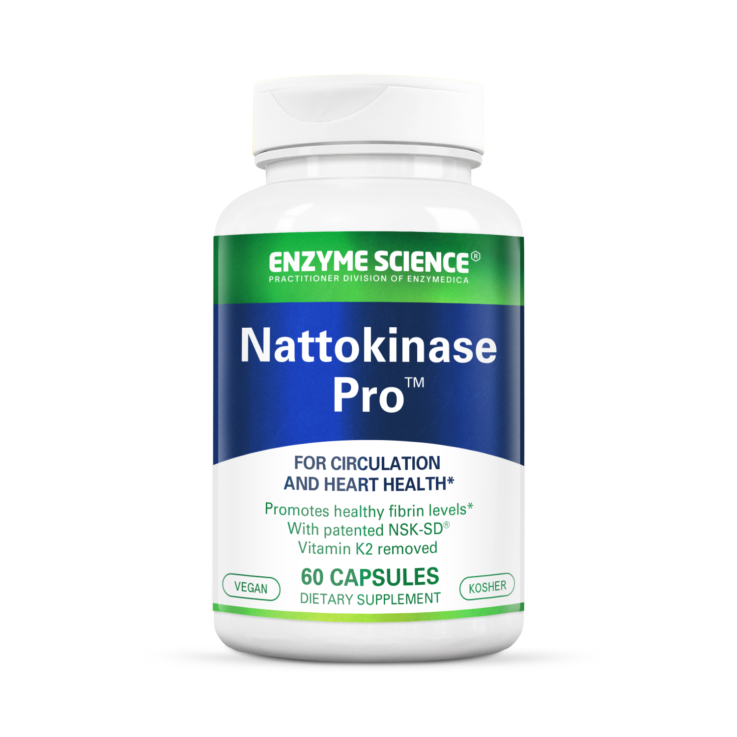 A bottle of Nattokinase Pro dietary supplement by Enzyme Science, containing 60 capsules for circulation and heart health.