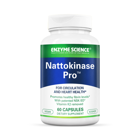A bottle of Nattokinase Pro dietary supplement by Enzyme Science, containing 60 capsules for circulation and heart health.