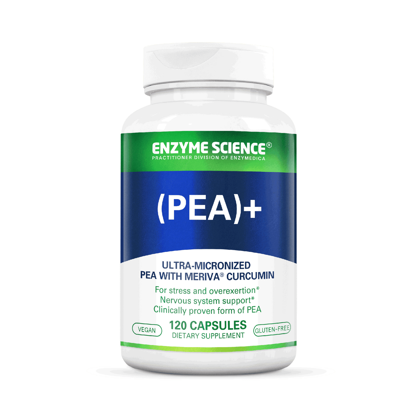 A bottle of (PEA)+ dietary supplement by Enzyme Science, containing ultra-micronized PEA with Meriva Curcumin, with 120 capsules for stress and nervous system support.