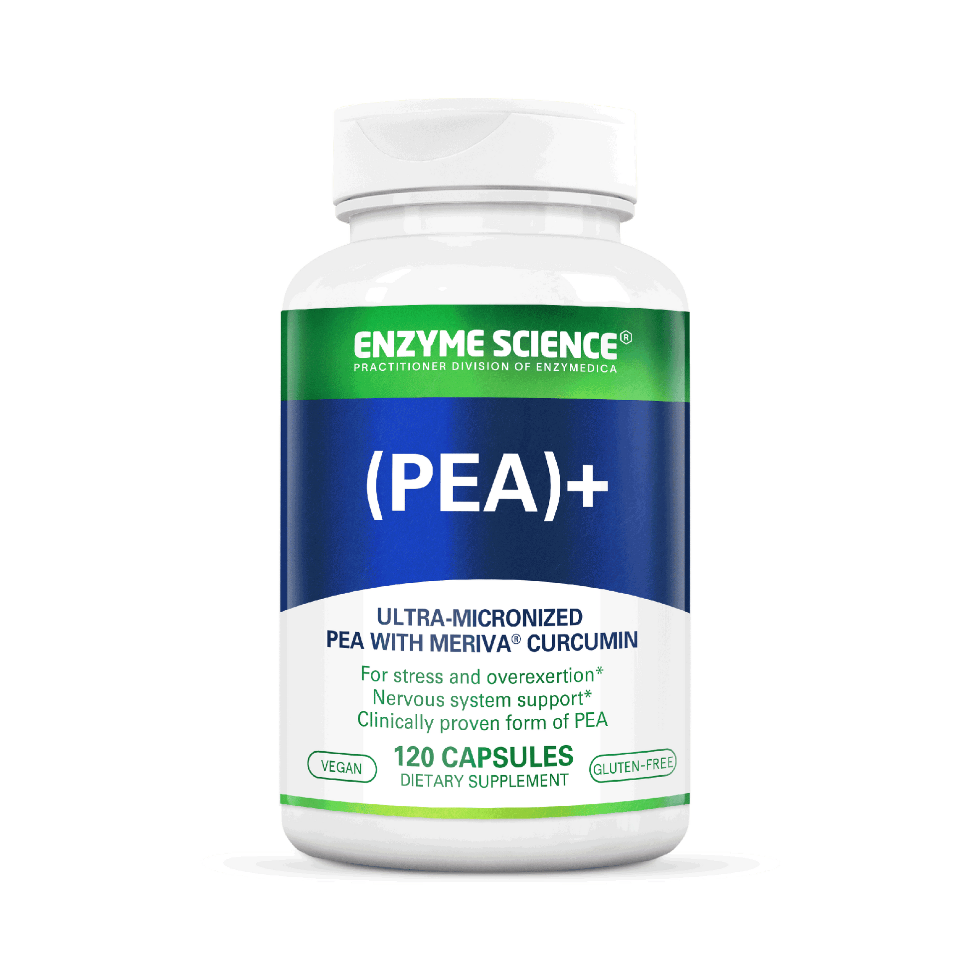 A bottle of (PEA)+ dietary supplement by Enzyme Science, containing ultra-micronized PEA with Meriva Curcumin, with 120 capsules for stress and nervous system support.