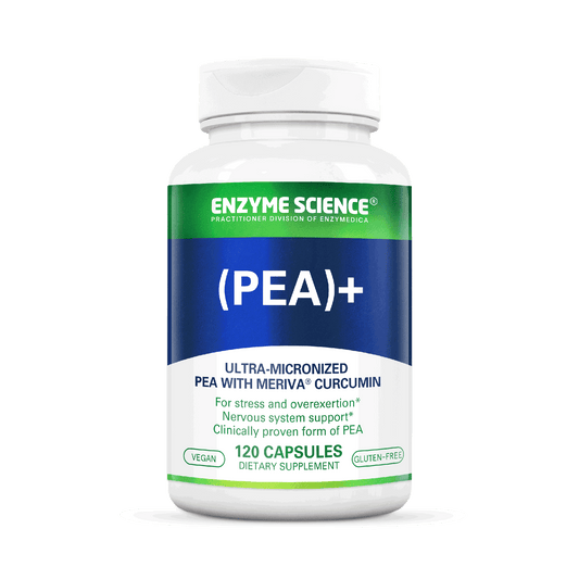 A bottle of (PEA)+ dietary supplement by Enzyme Science, containing ultra-micronized PEA with Meriva Curcumin, with 120 capsules for stress and nervous system support.