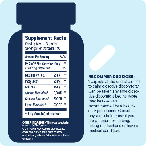 supplement facts panel and recommended dose of enzyme science acid calm