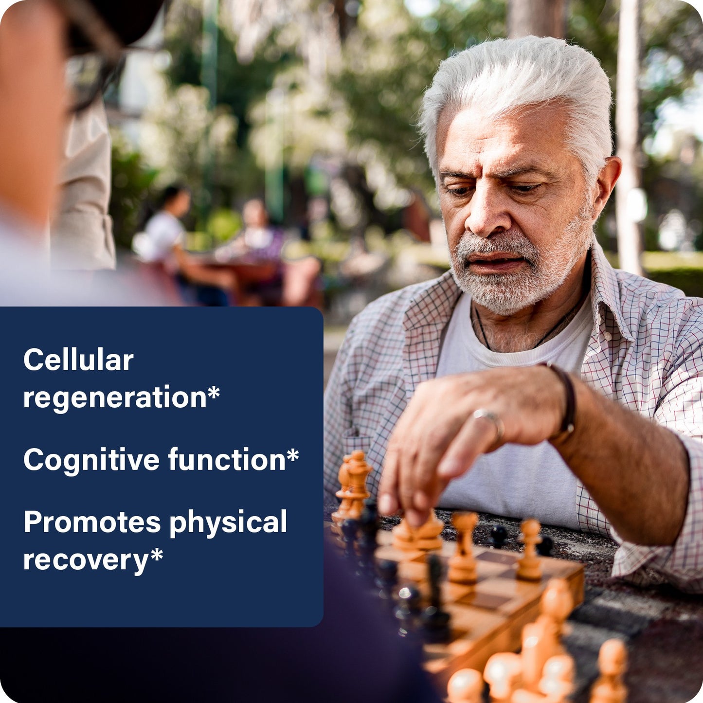 Advertisement for ES Stem XCell and what this product does to help you with an older man outside playing chess