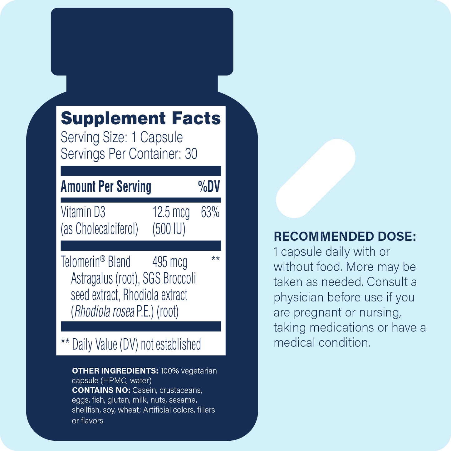 Supplement bottle with label on a light blue background