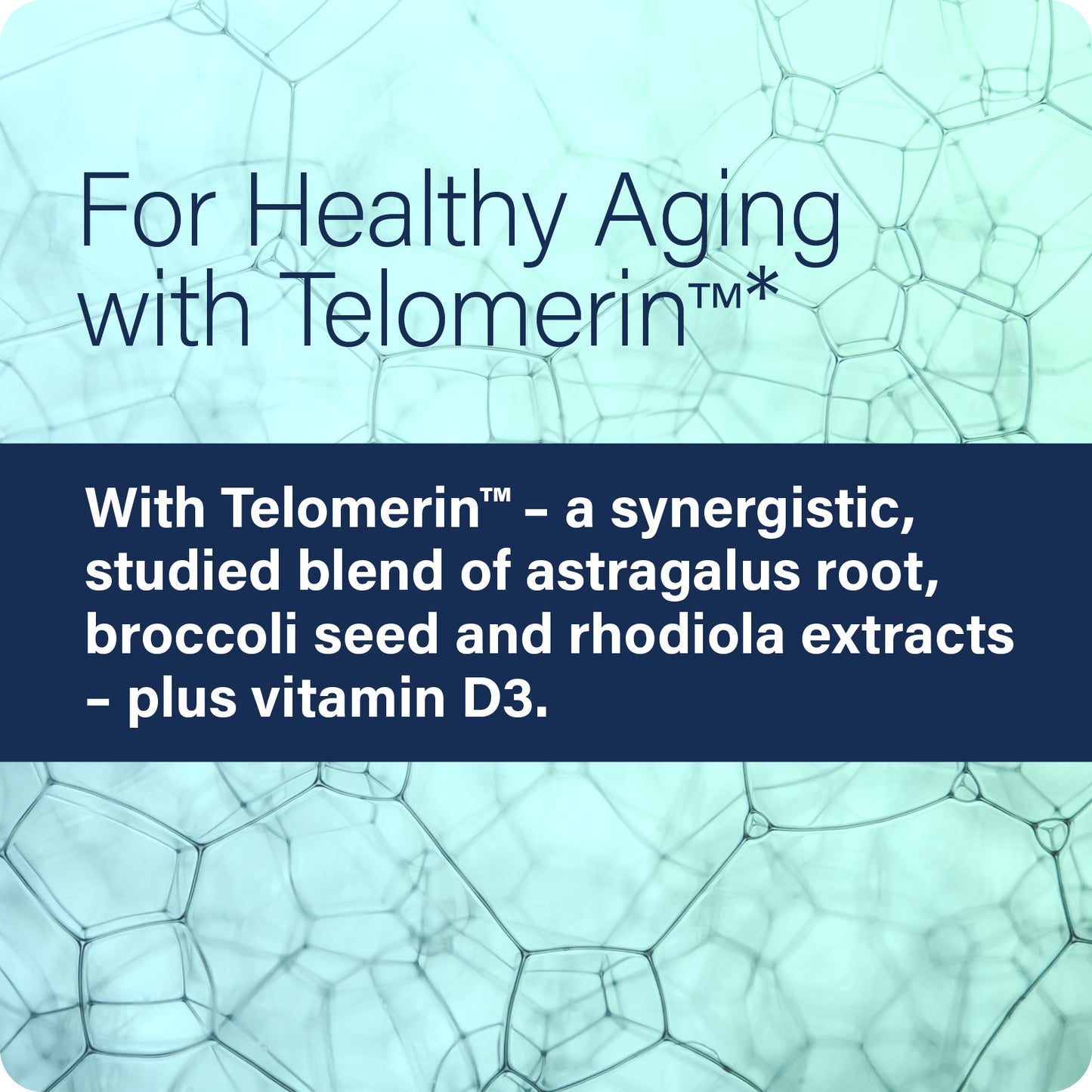 Advertisement for Telomerin with text about healthy aging and ingredient list on a blue background.