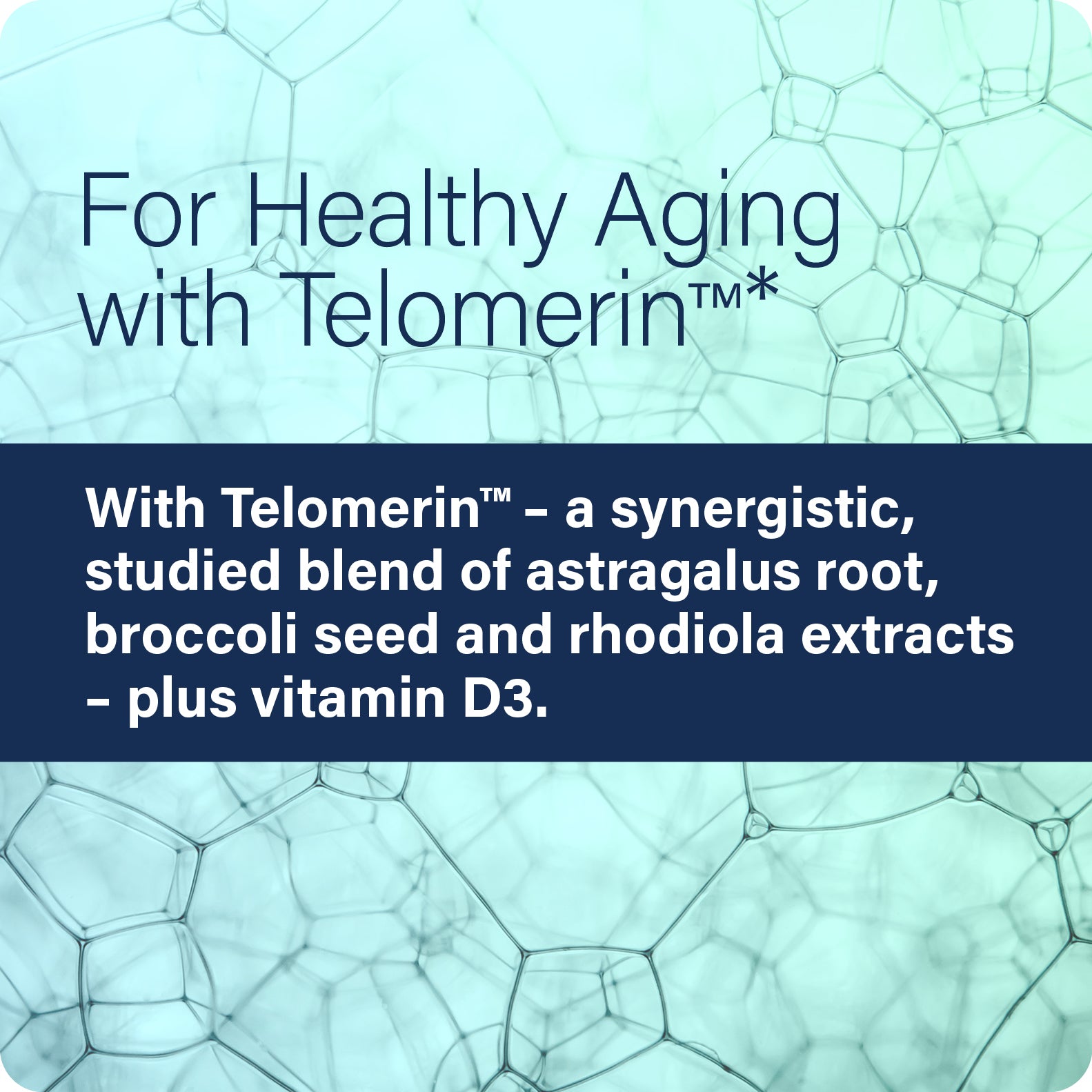 Advertisement for Telomerin with text about healthy aging and ingredient list on a blue background.