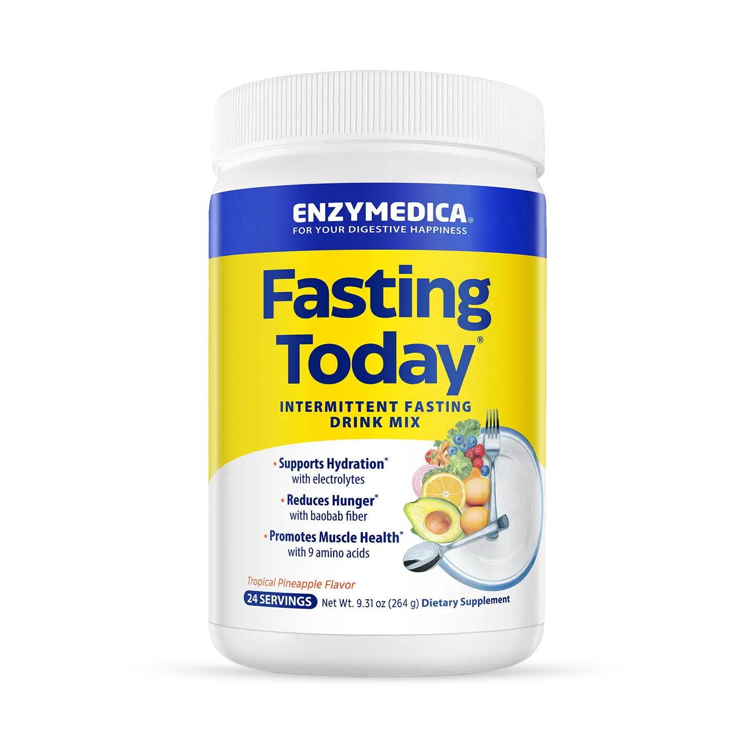 A container of Enzymedica Fasting Today intermittent fasting drink mix, with a label showing fruits and text highlighting its benefits for hydration, fiber, and muscle health.