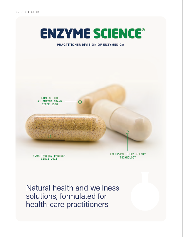 Cover of the Enzyme Science Product Guide featuring capsules of a supplement, with the tagline 'Natural health and wellness solutions, formulated for healthcare practitioners'.