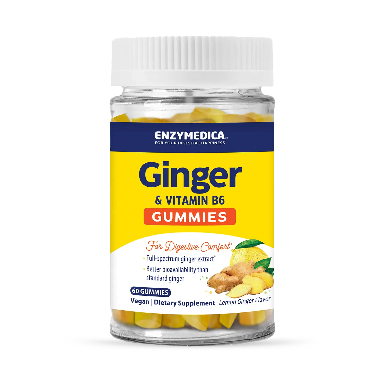 A bottle of Enzymedica Ginger & Vitamin B6 Gummies with lemon-ginger flavor for digestive comfort.