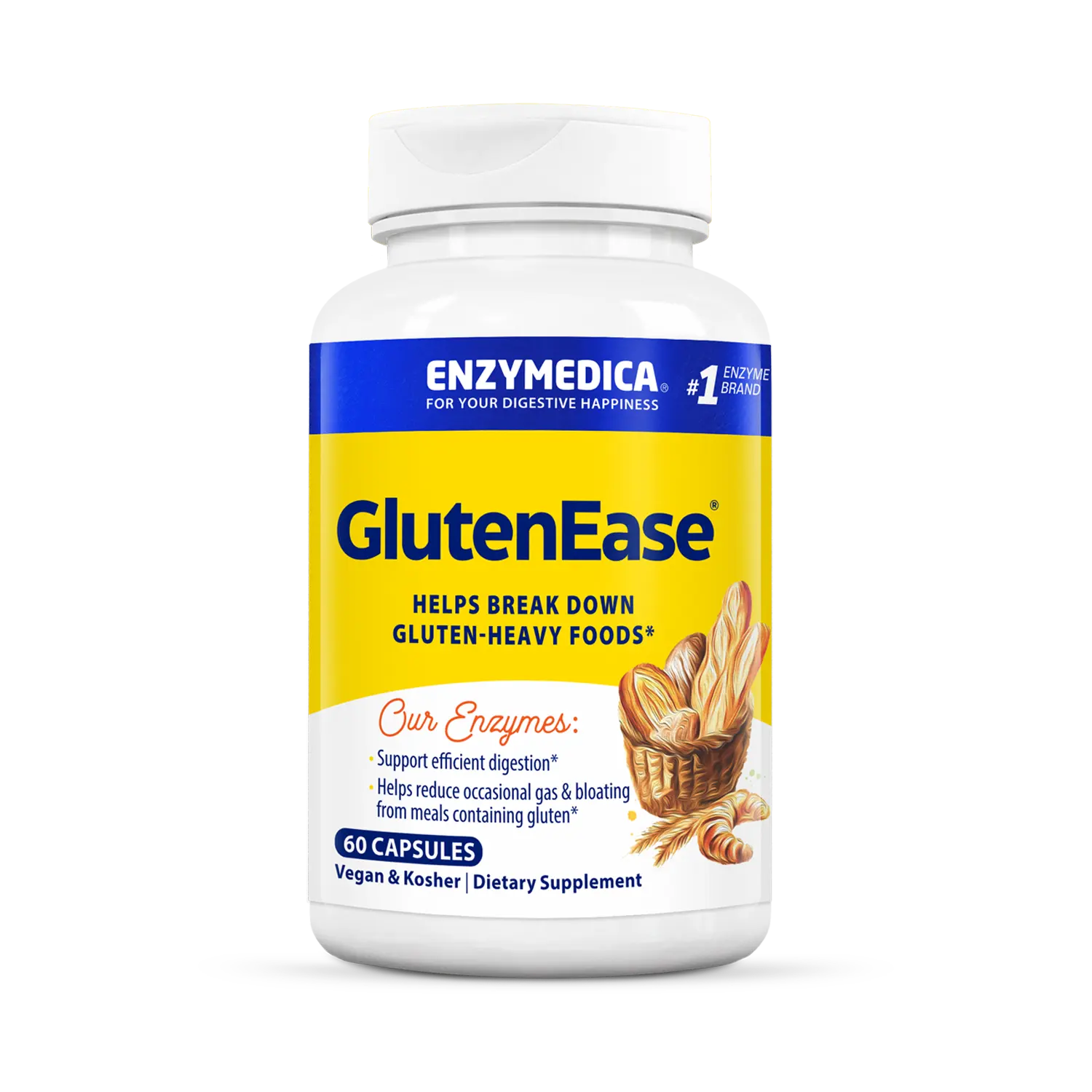 Enzymedica GlutenEase supplement bottle on a white background that holds 60 capsules