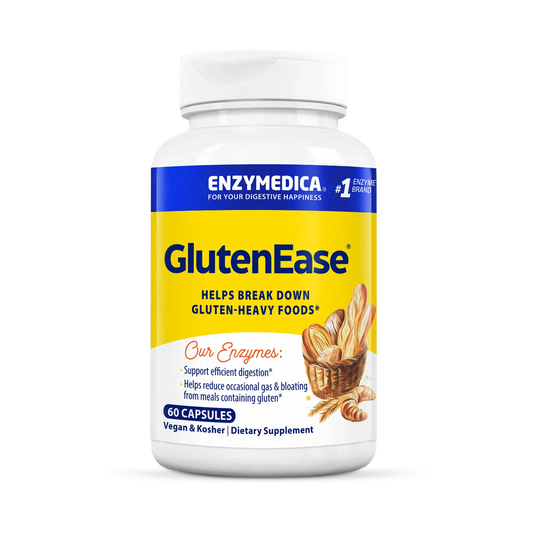 Enzymedica GlutenEase supplement bottle on a white background that holds 60 capsules