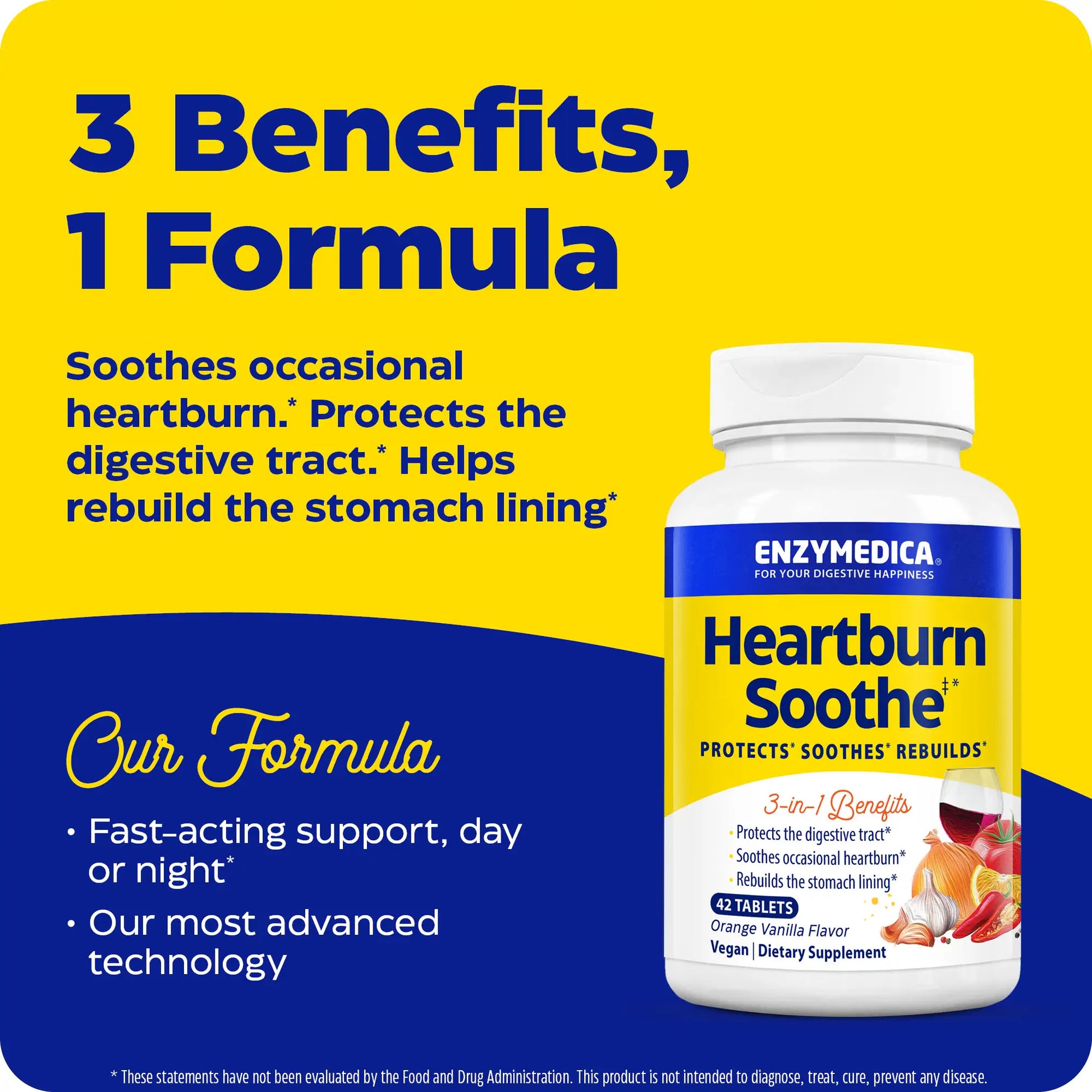 advertisement for heartburn soothe chewable, 3 benefits in 1 formula