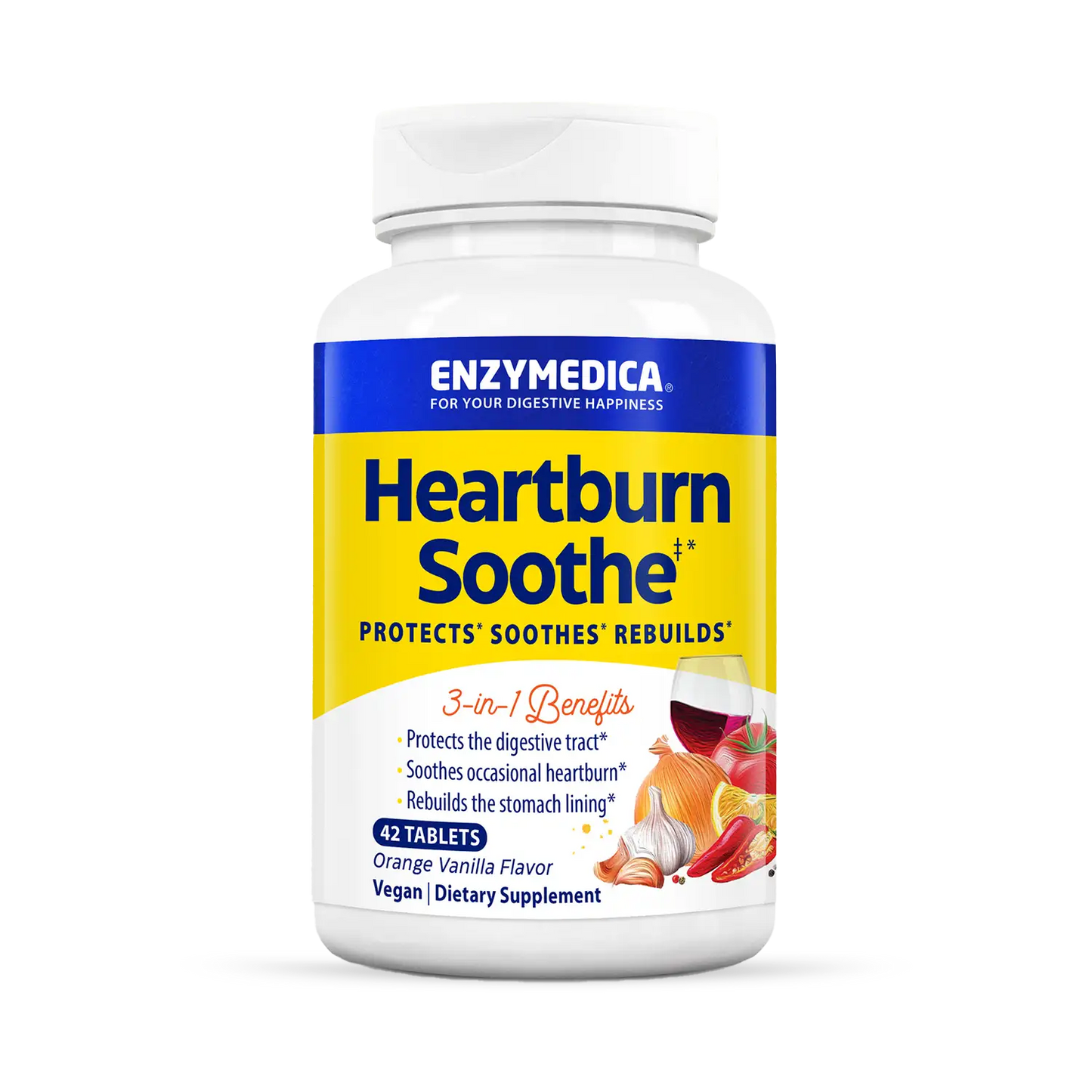 A bottle of Enzymedica Heartburn Soothe chewable tablets with vanilla-orange flavor.