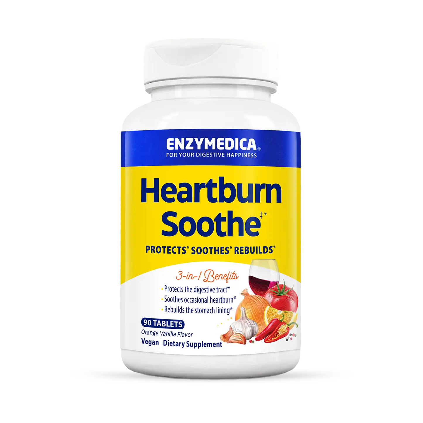 A bottle of Enzymedica Heartburn Soothe chewable tablets with vanilla-orange flavor.