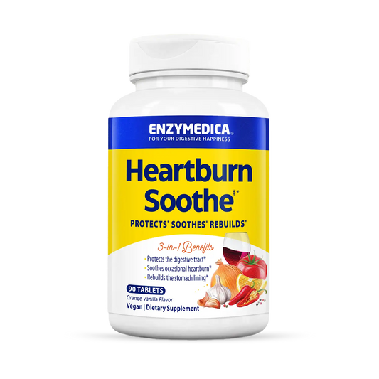 A bottle of Enzymedica Heartburn Soothe chewable tablets with vanilla-orange flavor.