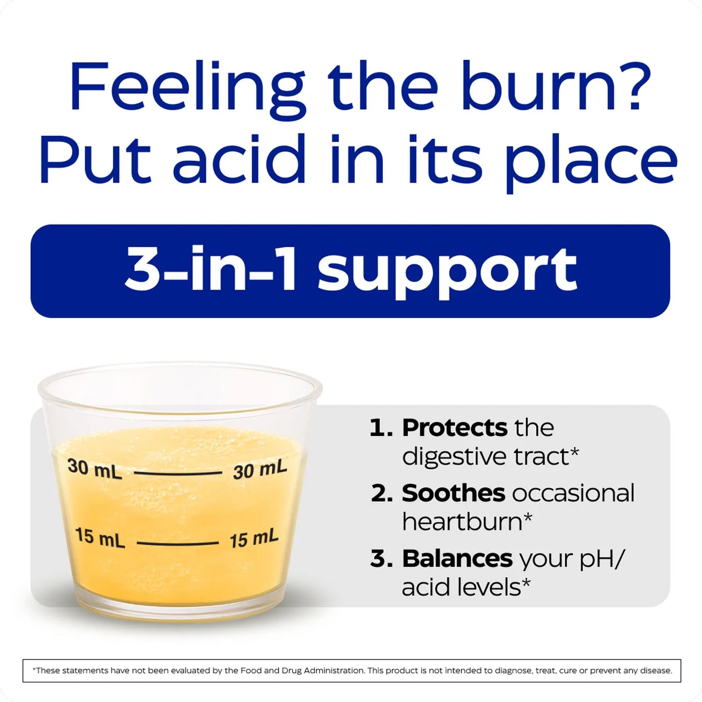 Glass container with yellow liquid and text about 3-in-1 support for digestive health.