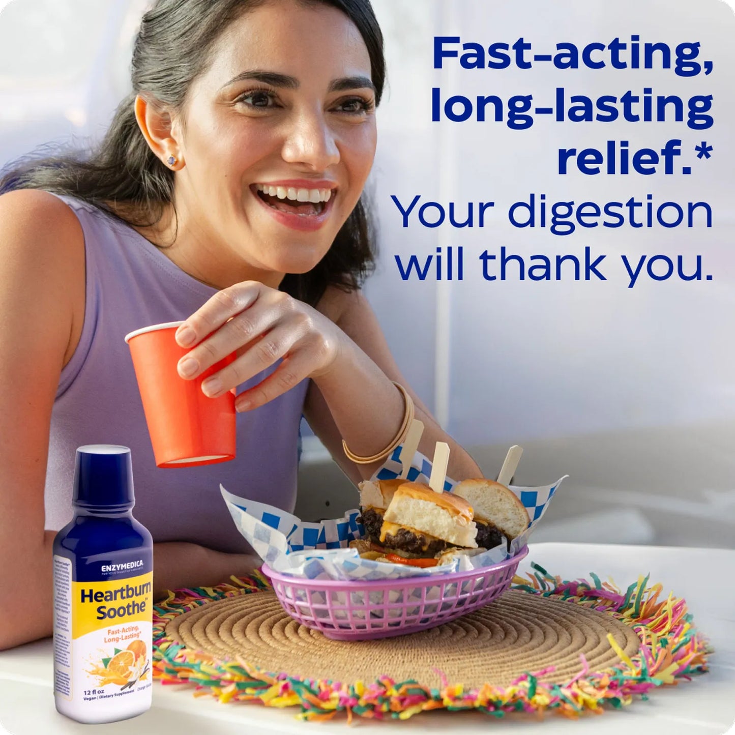 Woman holding a cup with a basket of food and a bottle of Heartburn Soothe, with text about fast-acting relief.