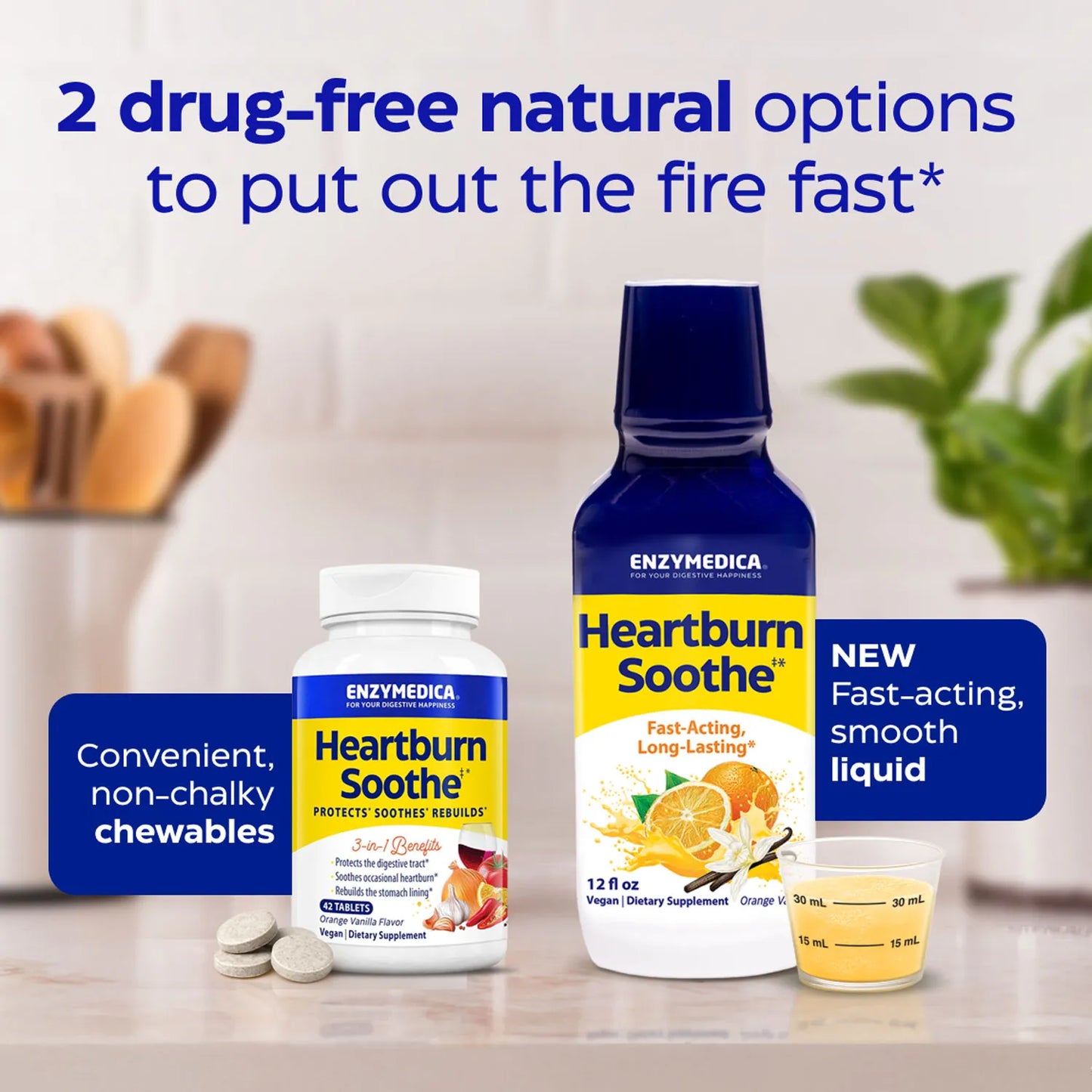 Enzymedica Heartburn Soothe products on a kitchen counter with text about drug-free natural options.