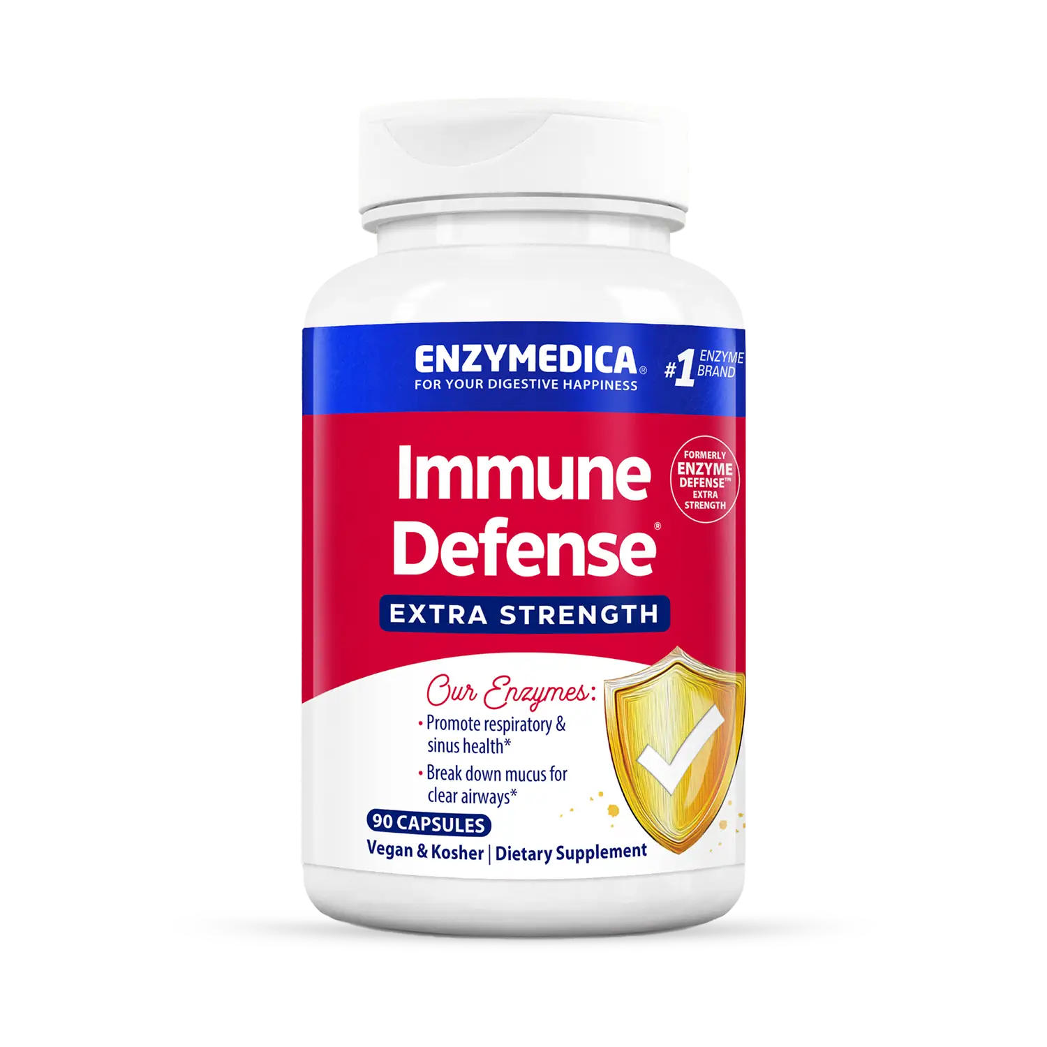 A bottle of Enzymedica Immune Defense Extra Strength dietary supplement, which is designed to support immune, respiratory, and sinus health.