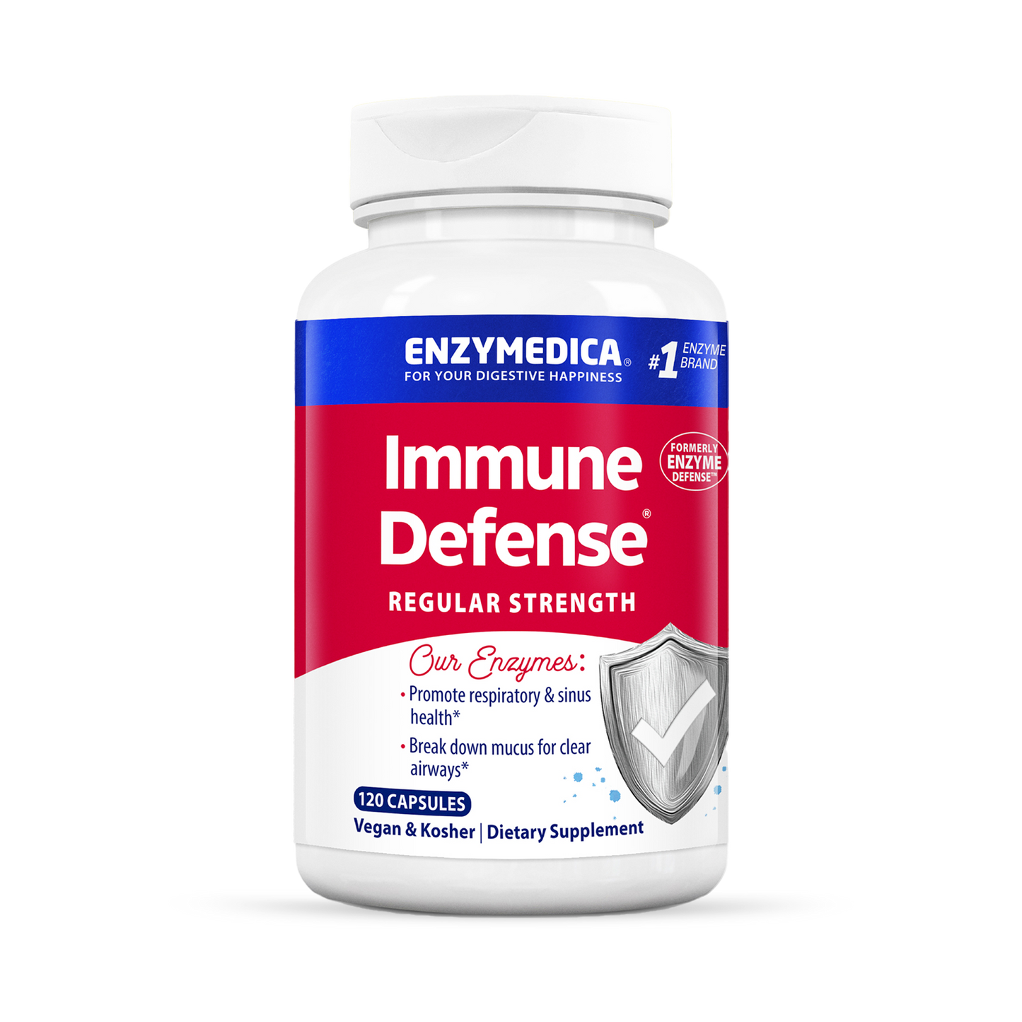 A bottle of Enzymedica Immune Defense Regular Strength dietary supplement with 120 capsules, predominantly white and blue in color, with additional branding and product information.