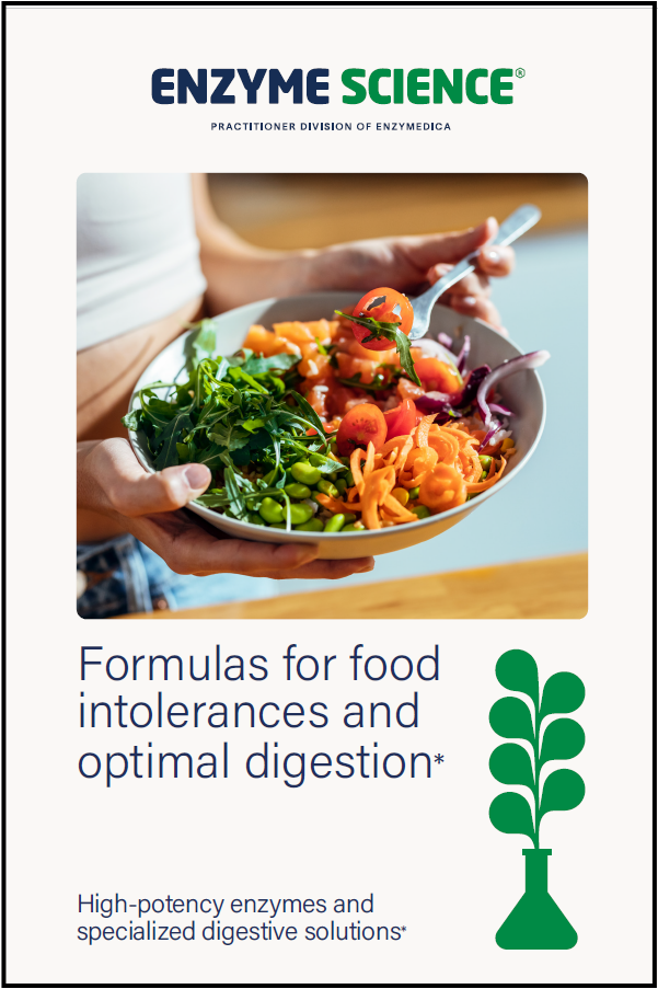 Promotional material for Enzyme Science with a bowl of salad and text about food intolerances and digestion.