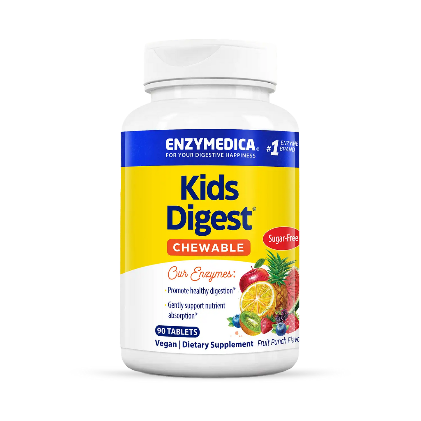 A bottle of Enzymedica Kids Digest chewable tablets in fruit punch flavor, sugar-free, sweetened with natural xylitol.