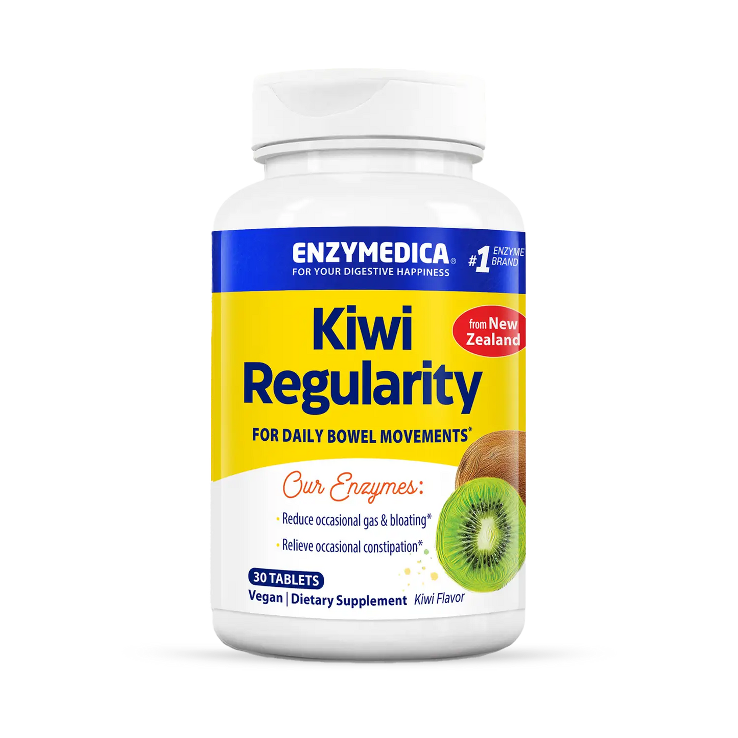A bottle of Enzymedica Kiwi Regularity chews with a label showing a kiwifruit and text indicating the product is for daily bowel movements, with 90 tablets inside.