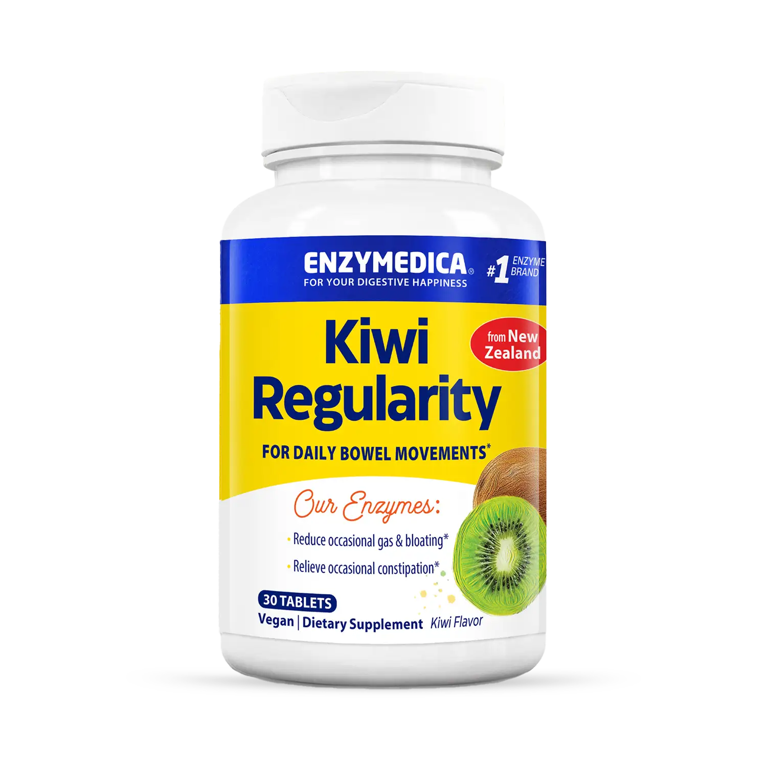 A bottle of Enzymedica Kiwi Regularity chews with a label showing a kiwifruit and text indicating the product is for daily bowel movements, with 90 tablets inside.