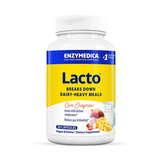 A bottle of Enzymedica Lacto dietary supplement, which is designed to aid in the digestion of dairy products.
