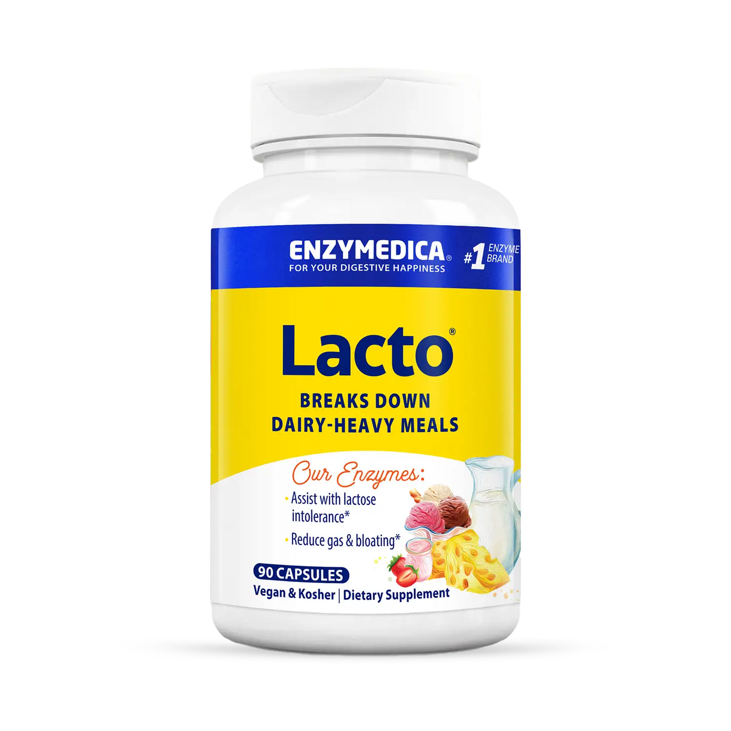 A bottle of Enzymedica Lacto dietary supplement, which is designed to aid in the digestion of dairy products.