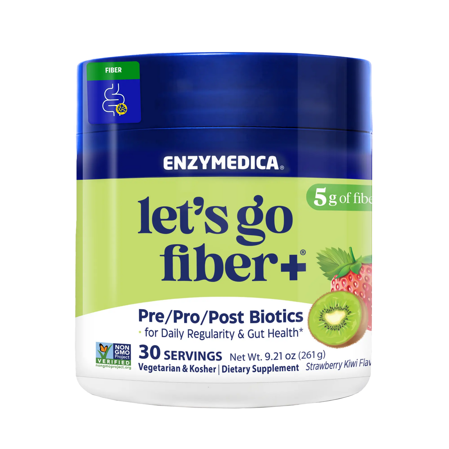 Enzymedica 'let's go fiber+' supplement container on a white background