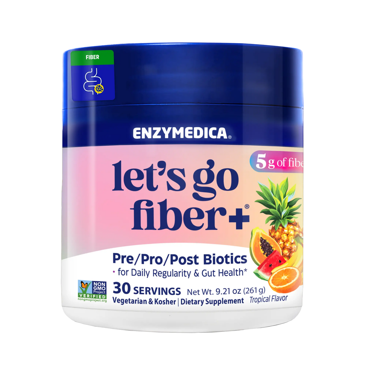 Enzymedica 'let's go fiber+' supplement container on a white background