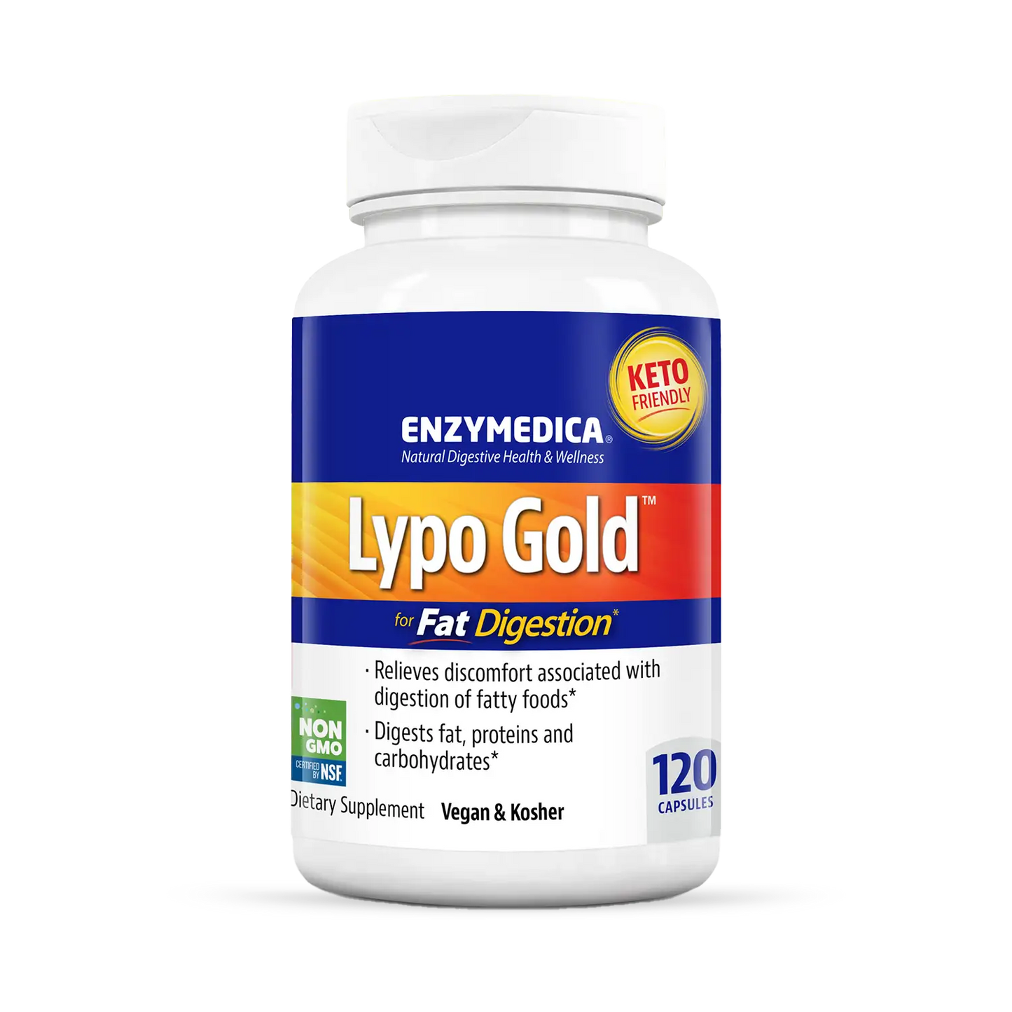 A bottle of Enzymedica Lypo Gold, a dietary supplement for fat digestion, with blue and orange label, 240 capsules.