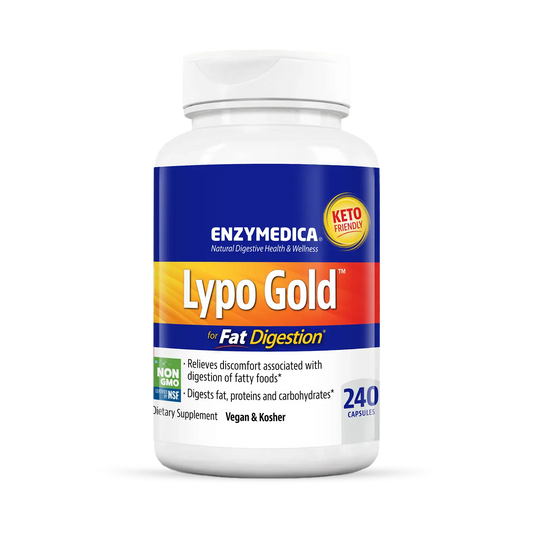 A bottle of Enzymedica Lypo Gold, a dietary supplement for fat digestion, with blue and orange label, 240 capsules.