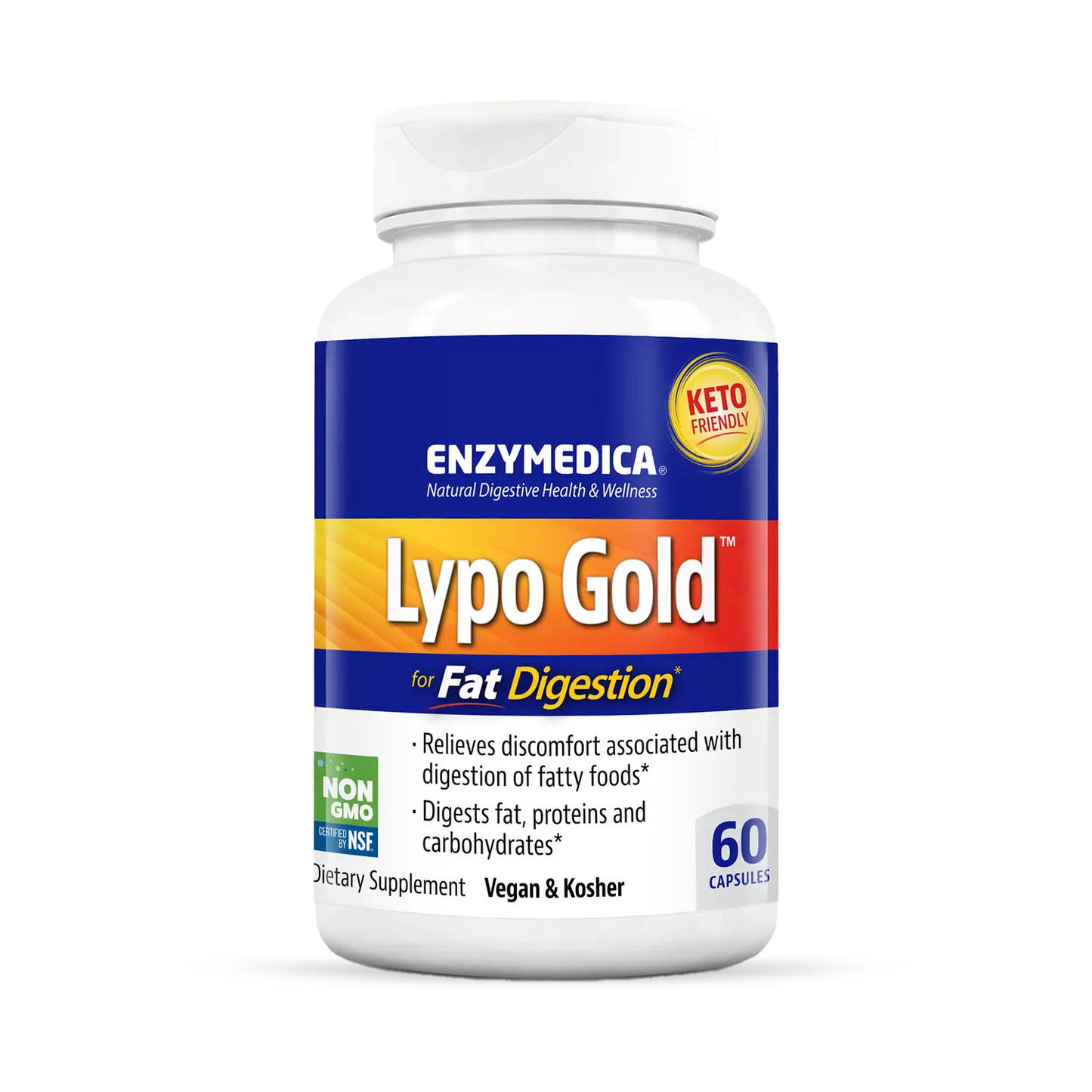 A bottle of Enzymedica Lypo Gold, a dietary supplement for fat digestion, with blue and orange label, 240 capsules.