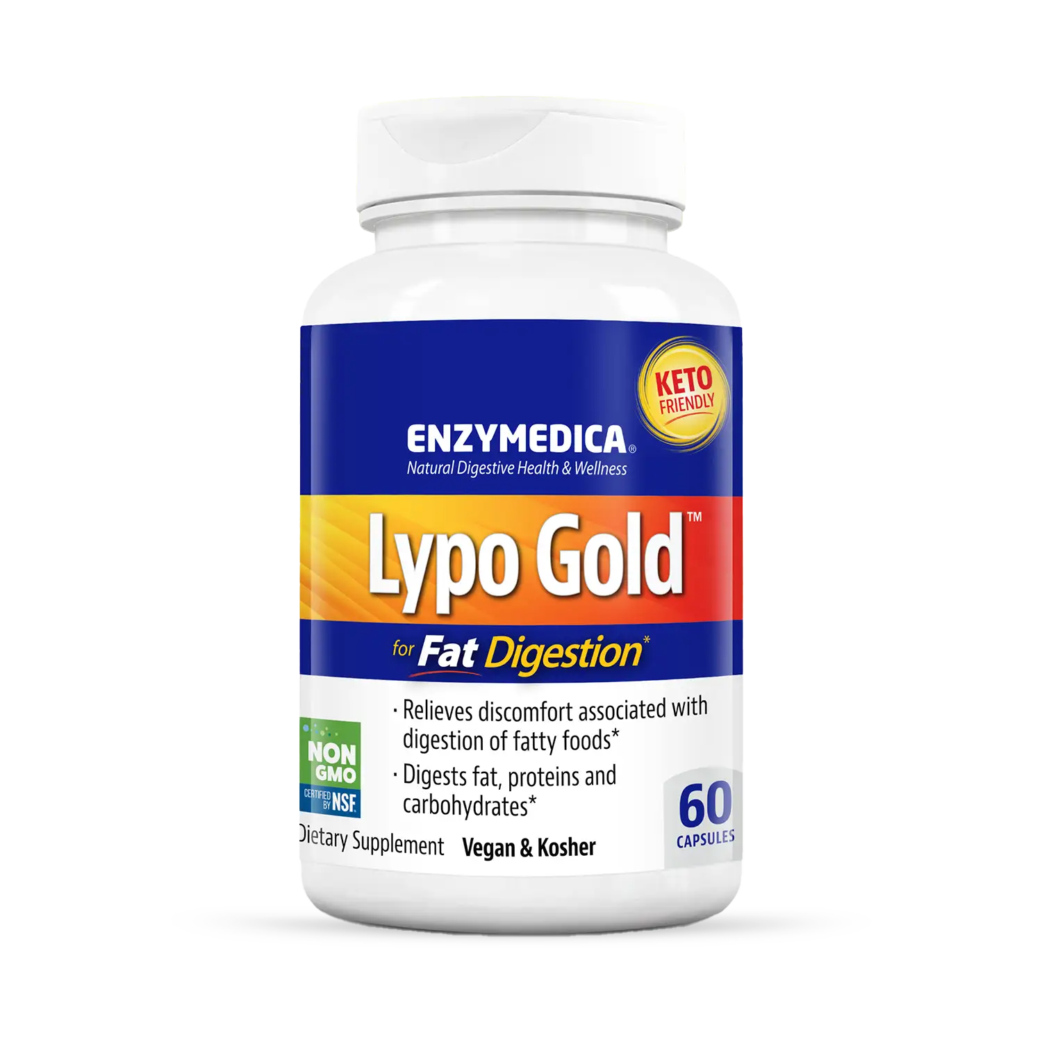 A bottle of Enzymedica Lypo Gold, a dietary supplement for fat digestion, with blue and orange label, 240 capsules.