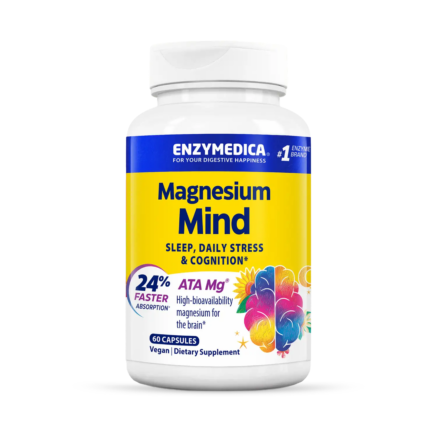 A bottle of Enzymedica Magnesium Mind dietary supplement, which is designed to support sleep, daily stress, and cognition.