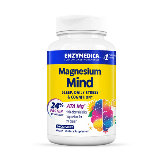 A bottle of Enzymedica Magnesium Mind dietary supplement, which is designed to support sleep, daily stress, and cognition.