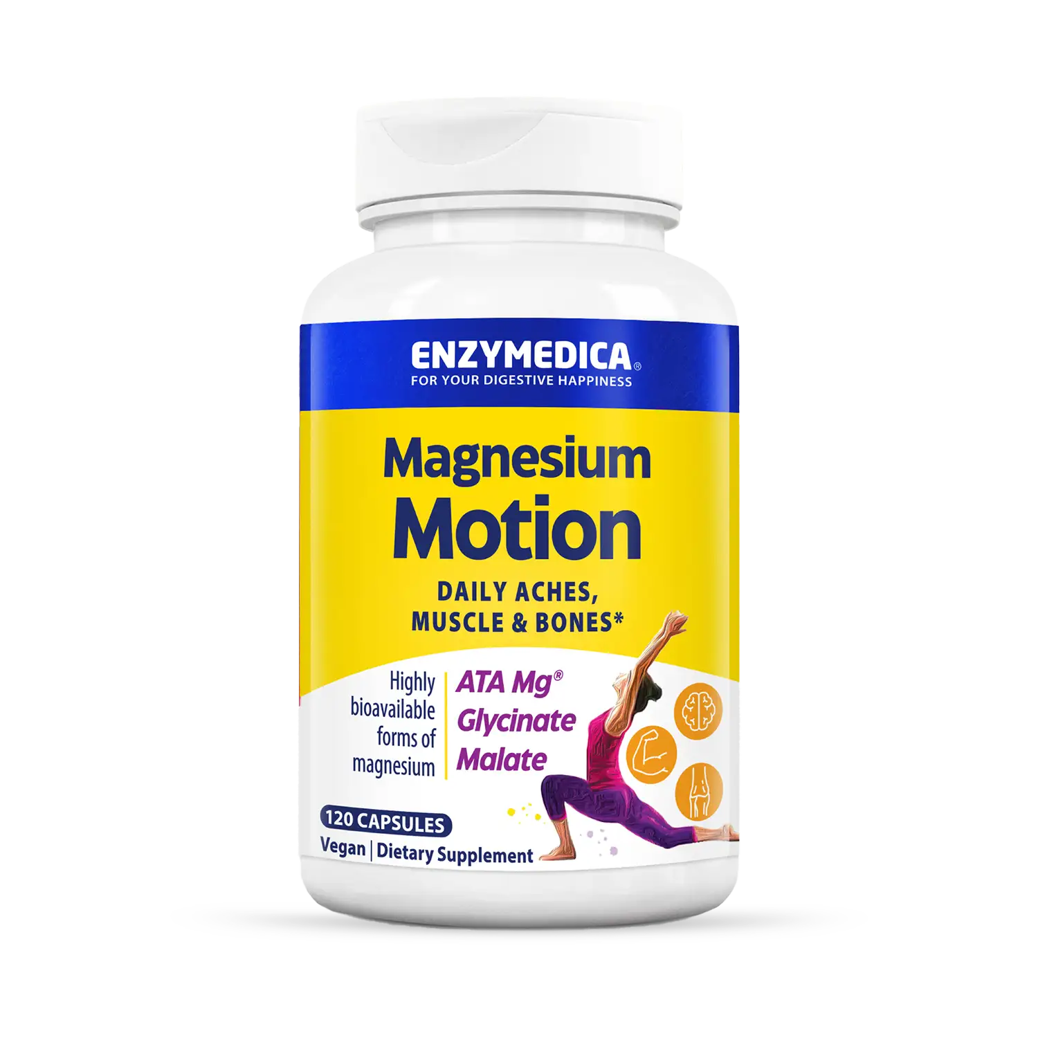 A bottle of Enzymedica Magnesium Motion dietary supplement, which contains highly bioavailable forms of magnesium for daily aches and support of muscle and bones.