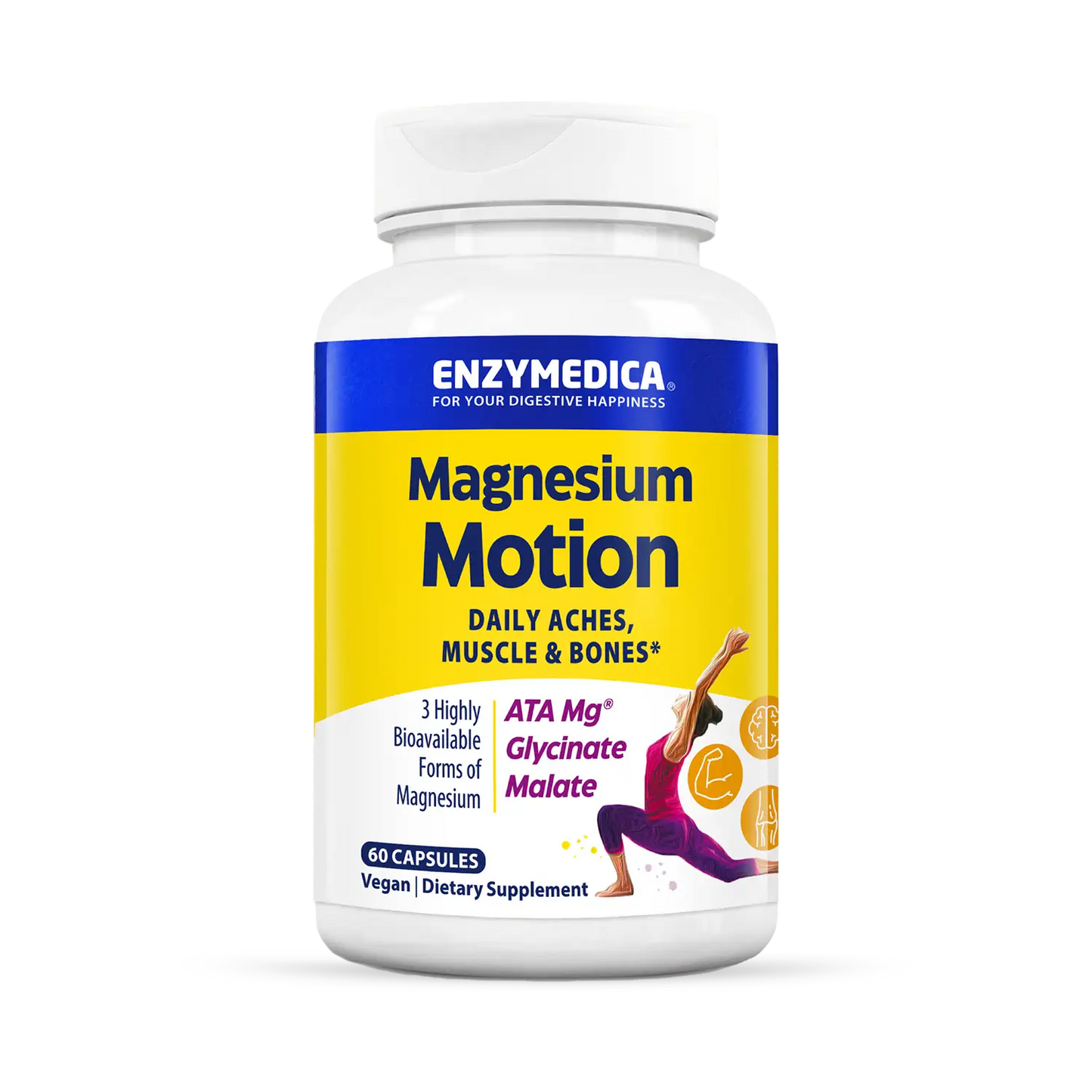 A bottle of Enzymedica Magnesium Motion dietary supplement, which contains highly bioavailable forms of magnesium for daily aches and support of muscle and bones.